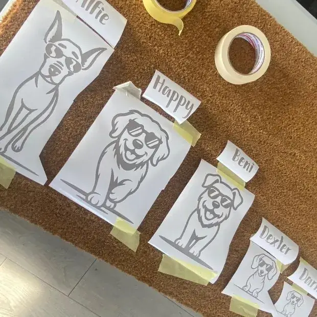 Personalised dog doormat designs marked out with pet names
