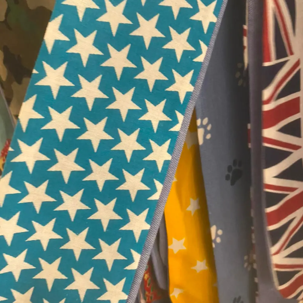 Star print bandana fabrics in teal, yellow and blue